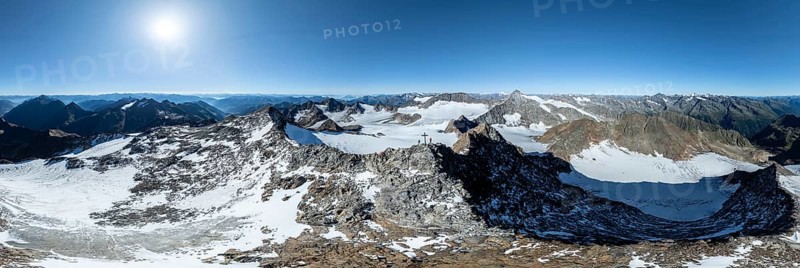Panorama at the summit of the Wilder Freiger with glacier Übeltalferner and Wilder Freiger Ferner, picturesque mountain landscape, aerial view, Stubai Alps, South Tyrol, Italy, Europe