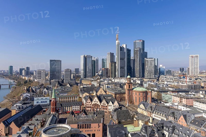 The view from St. Bartholomew's Cathedral takes in Frankfurt city centre and the banking skyline, Frankfurt am Main, Hesse, Germany, Europe