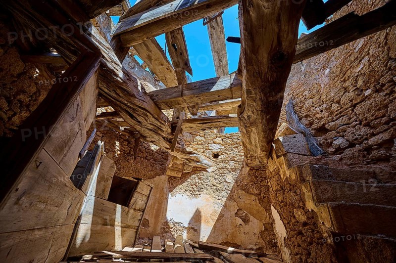 The interior of a crumbling mill with damaged wooden beams and a view of the blue sky, windmill, ruin, near Lindos, Lindos, Rhodes, Dodecanese, Greek Islands, Greece, Europe