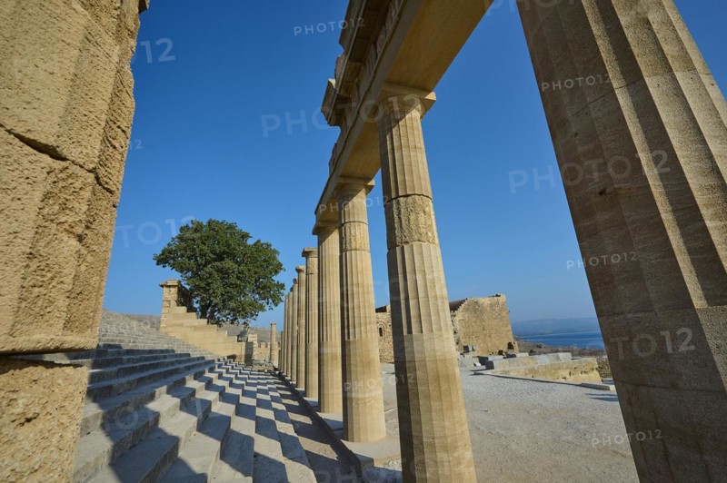 Super wide angle shot, Acropolis of Lindos, morning light, Propylaea with staircase, Lindos, Rhodes, Dodecanese, Greek Islands, Greece, Europe