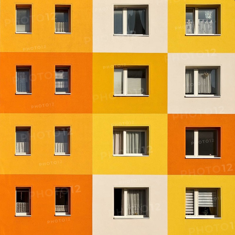 Geometrically and colourfully designed apartment buildings of a housing association, Halberstadt, Saxony-Anhalt, Germany, Europe