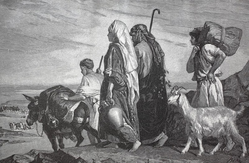Naomi and her people travelling abroad, Naemi, a biblical figure, in the Book of Ruth Old Testament, digital reproduction of an original 19th century, historical