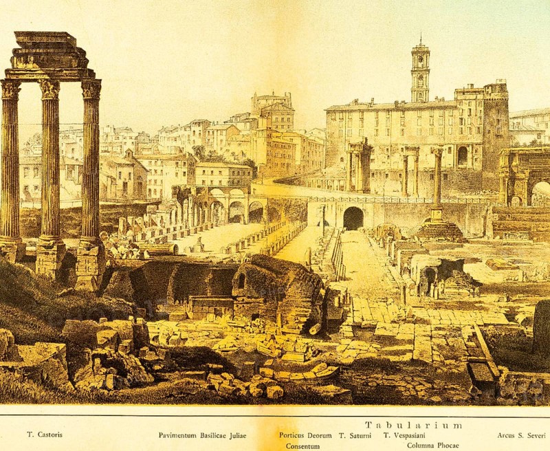 View of ancient Rome from the Roman Forum, ruins, cityscape, columns, houses on the hillside, title, Italy, colour historical illustration from 1882, Europe