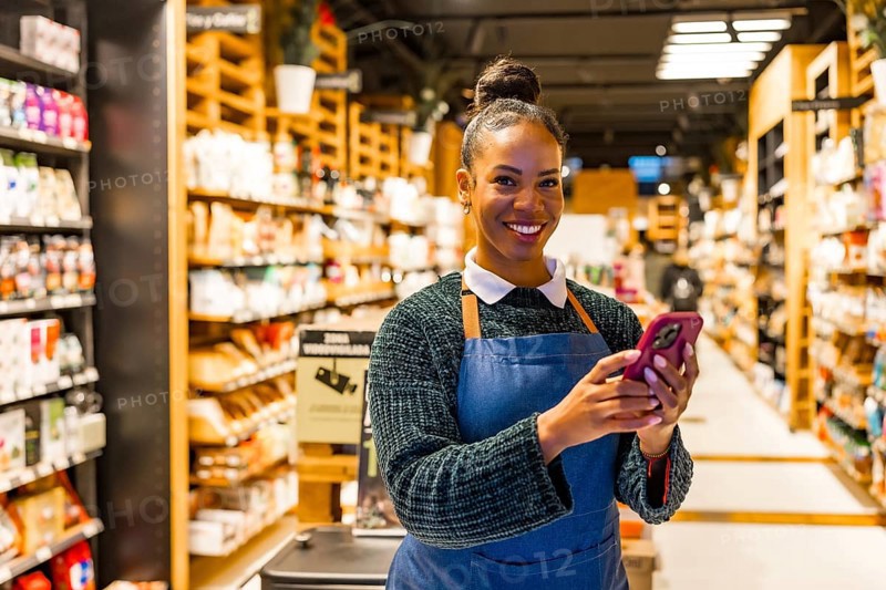 Smiling saleswoman using a smartphone in an organic supermarket with shelves full of natural and gluten free products