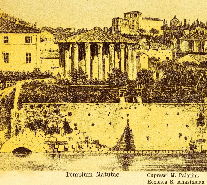 Semicircular mouth of the Cloaca Maxima into the Tiber, canal system for drainage, Templum Matutae or Tempio di Ercole Vincitore, semicircular temple of Hercules Victor with Corinthian colonnade, columns, Cupressi M. Palatini, Ecclesia San Anastasiae or Basilica di Sant'Anastasia al Palatino, title, ancient Rome, Italy, coloured historical illustration from 1882, Europe