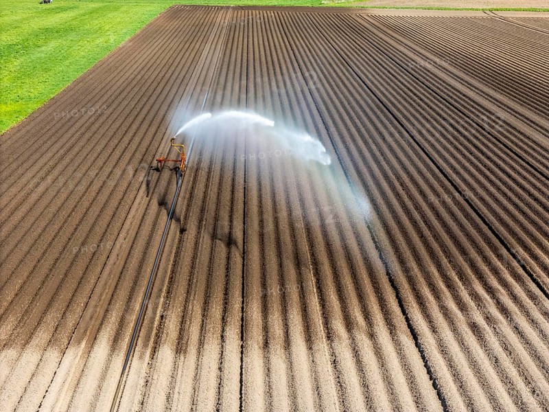 Artificial irrigation of a potato field in April, with a sprinkler system, long drought in spring makes this necessary, for the total of 7.5 hectares 3 full days are needed to get the necessary moisture for the freshly sown potato plants, south of Straelen, Lower Rhine, North Rhine-Westphalia, Germany, Europe