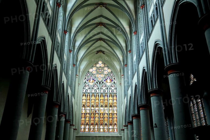 Ceiling vault and stained glass windows of the west façade, Altenberg Cathedral, Bergischer Dom, former monastery church of Altenberg Abbey, built by the Cistercians in 1133, Rheinisch-Bergischer Kreis, administrative district of Cologne, North Rhine-Westphalia, Germany, Europe