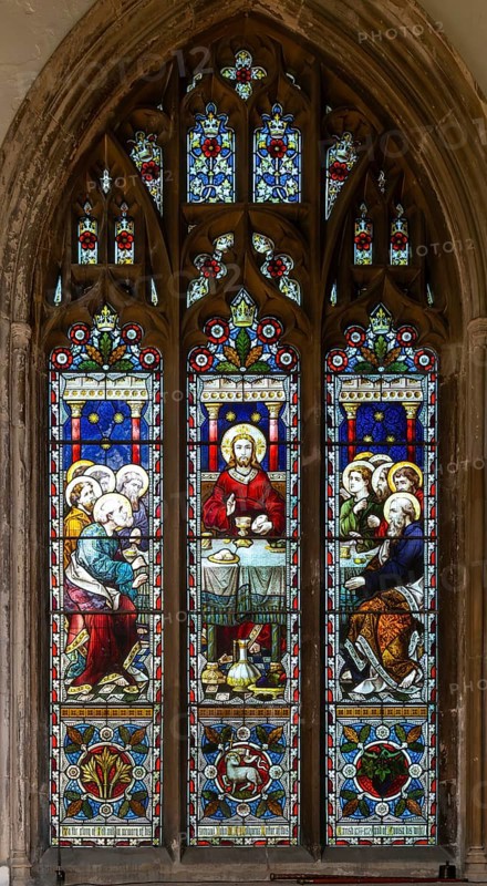 Stained glass window of Jesus Christ and Last Supper, church of Saint Peter, Sudbury, Suffolk, England, UK c 1879 probably J Hardman