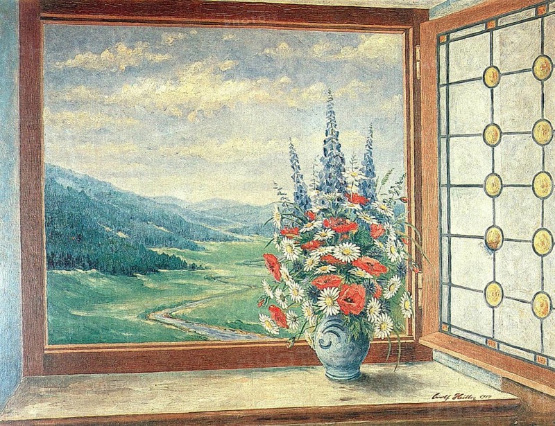 Spring Bouquet at the Window, Painting by Adolf Hitler (1889-1945), Historical, digitally restored reproduction from a 20th century original, public domain, Record date not stated