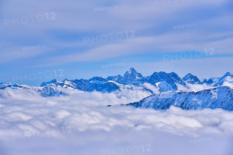 View from the mountain station of the Ifenbahn in Kleinwalstertal to the Oberstdorf and Lechtal mountains, in the centre the Hochvogel (2592 m), Allgäu, Vorarlberg, Austria, Europe