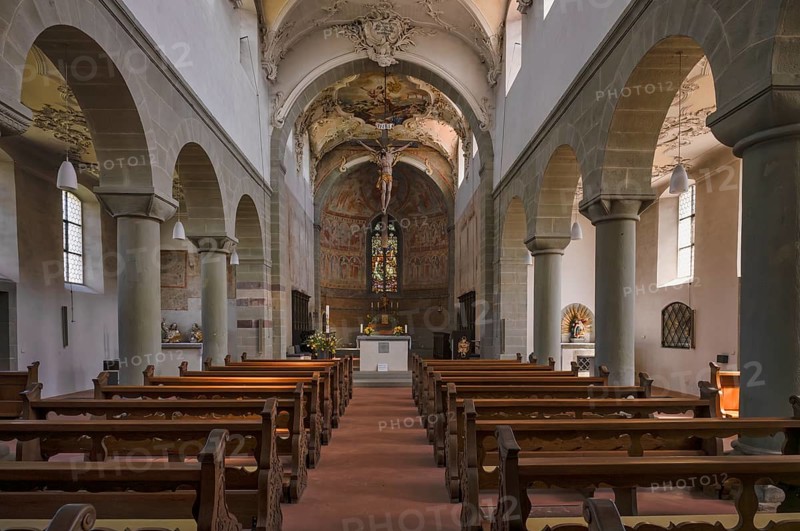 Interior view, choir, altar, collegiate church Sankt Peter und Paul, Niederzell, Insel Reichenau, Landkreis Konstanz, Baden-Württemberg, Germany, Europe