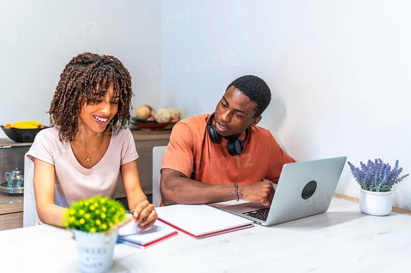 Young black entrepreneurs working from home using laptop and taking notes, collaborating on a project