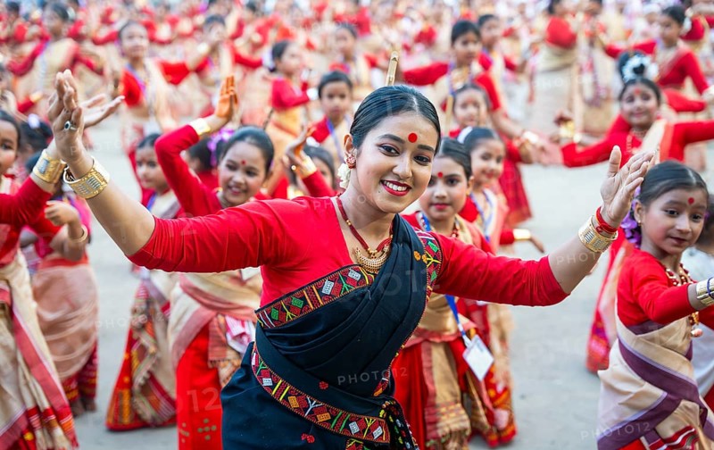 Participants with an instructor dance on the final day of a Bihu dance workshop ahead of Rongali Bihu Festival, in Guwahati, Assam, India on 12 April 2025