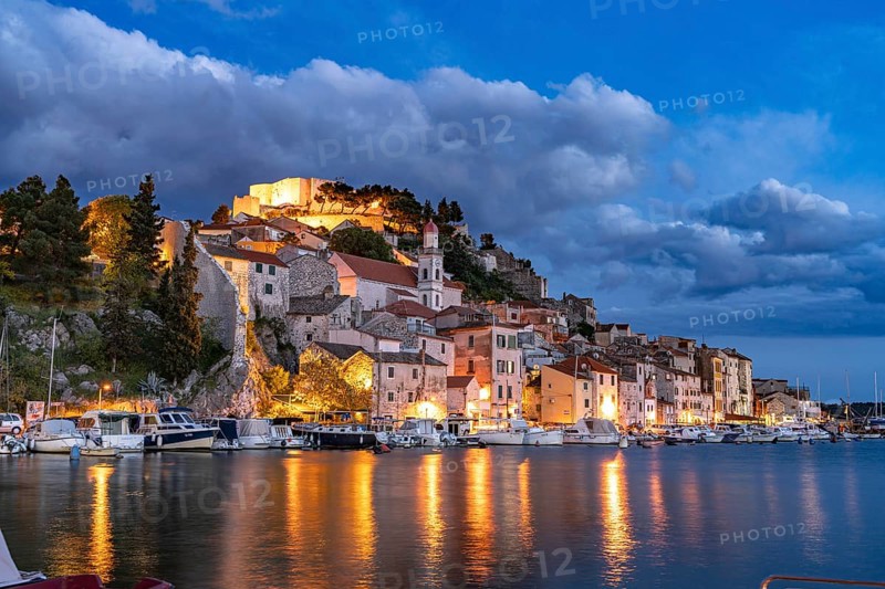City view of Sibenik at dusk, Croatia, Europe