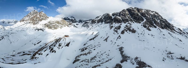 Aerial view, Piz Jenatsch and Piz Picuogl, winter in the mountains, Chamanna Jenatsch CAS, Swiss Alpine Club hut, Val Beve, Graubünden, Switzerland, Europe