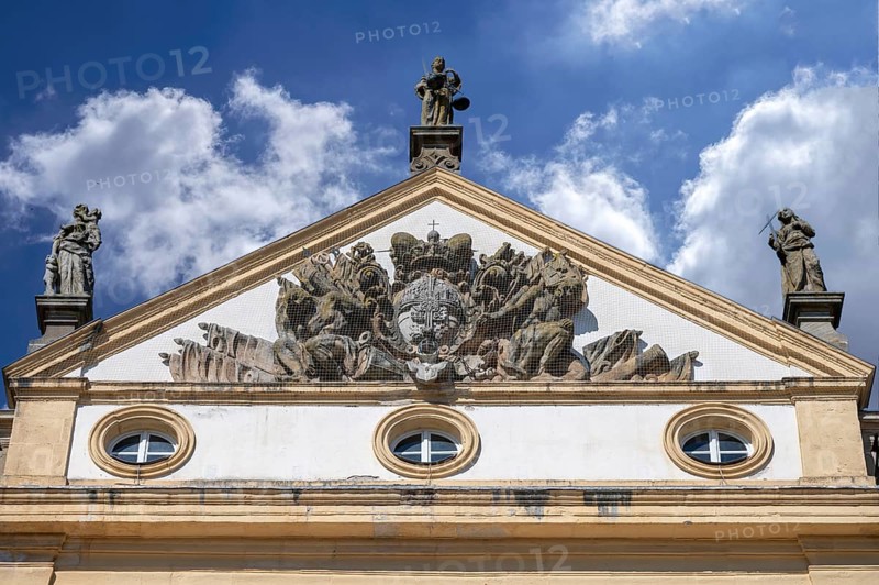 Pediment with coat of arms of the main façade of the Ellingen residence, built between 1708 and around 1760, Ellingen, Middle Franconia, Bavaria, Germany, Europe