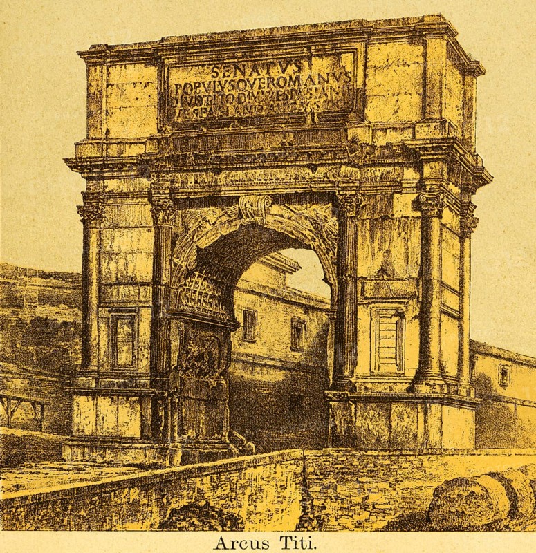 Arcus Titi, the Titus Tor, inscription, title, ancient Rome, Italy, coloured historical illustration from 1882, Europe