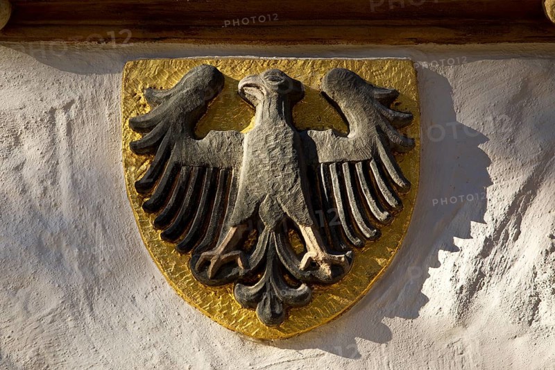 Imperial eagle on the town hall, heraldic animal of the town of Goslar, Old Town, UNESCO World Heritage Site, Lower Saxony, Germany, Europe