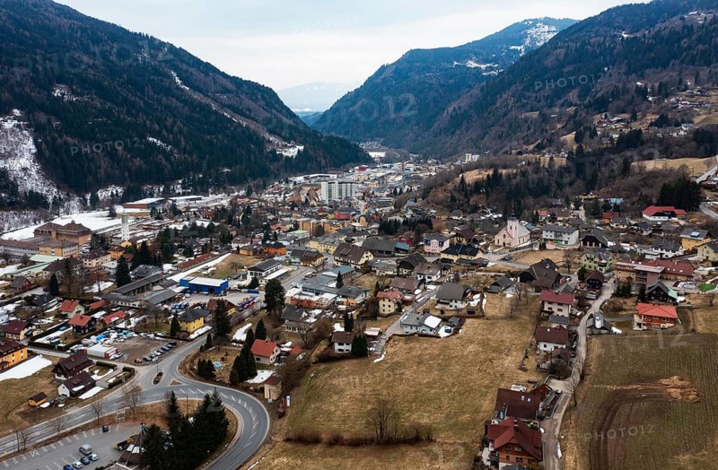 Drone image, residential buildings, view of town, Radenthein, Gegendtal, Carinthia, Austria, Europe