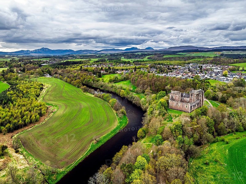 Doune Castle from a drone, Doune, Stirling, Scotland, England, United Kingdom, Europe
