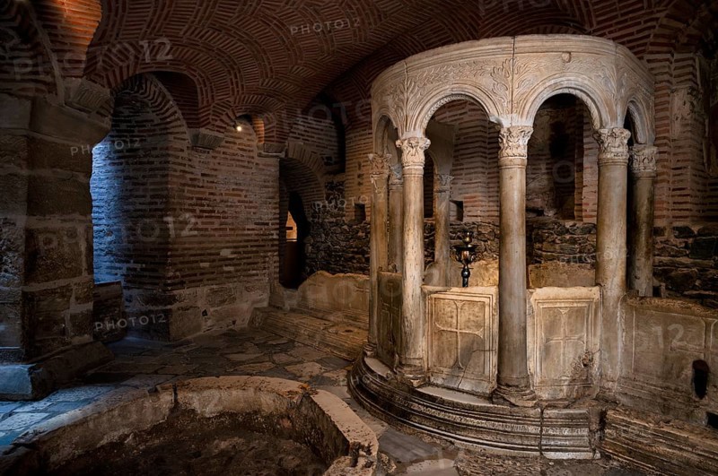 Interior view of the crypt, remains of the Roman baths, Hagios Demetrios church, also known as Agios Dimtrios or Demetrios basilica, Thessaloniki, Macedonia, Greece, Europe