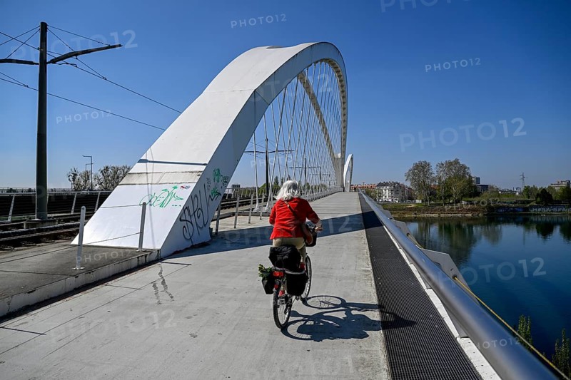 Cyclist on the Beatus-Rhenanus-Bridge, tram bridge over the Rhine, Kehl, Ortenaukreis, Baden-Württemberg, Germany, Europe