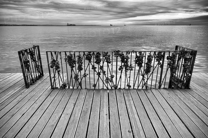 Pier, rusty love locks, promenade, black and white, Thessaloniki, Macedonia, Greece, Europe