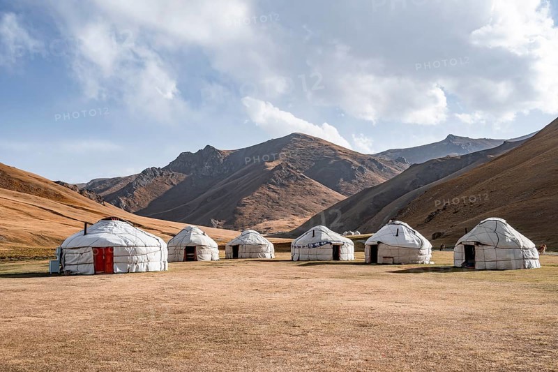 Yurts with yellow hills, Atbashy district in the Naryn region, Kyrgyzstan, Asia