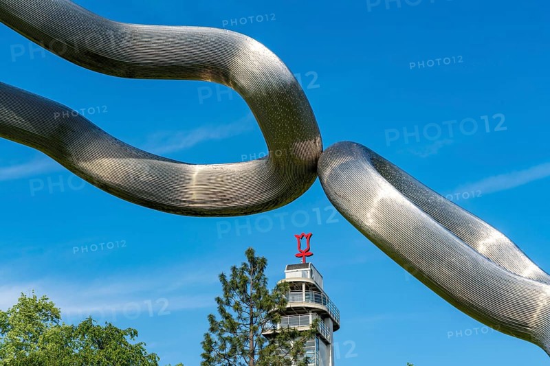 The Grugapark, Gruga Tower and Orion artwork, on the Kranichwiese, in Essen, North Rhine-Westphalia, Germany, Europe