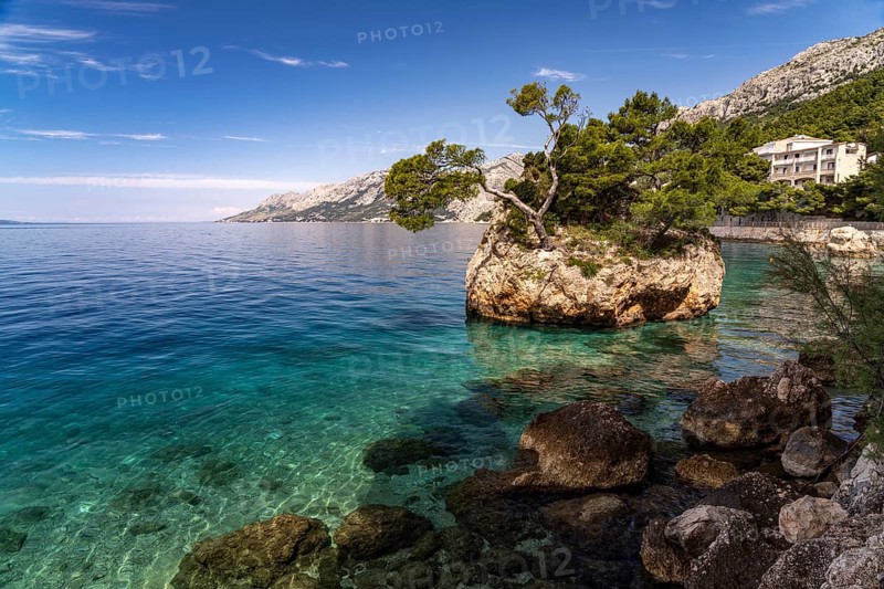 The landmark Brela stone or Kamen Brela on Punta Rata beach near Brela, Croatia, Europe