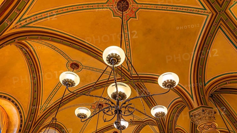 Chandelier and ceiling vault in Cafe Central, Herrengasse, Vienna, Austria, Europe