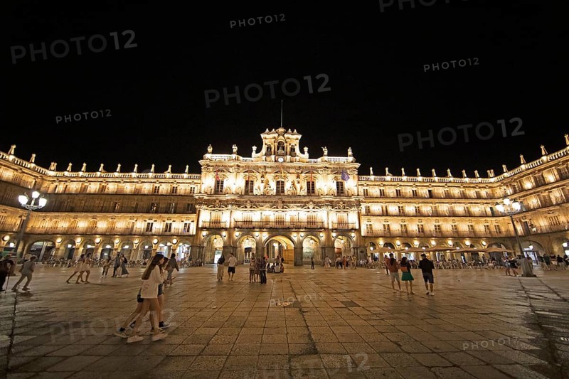 Illuminated town hall at Plaza Mayor at night, Salamanca, province of Salamanca, Castile and Leon, Spain, Europe