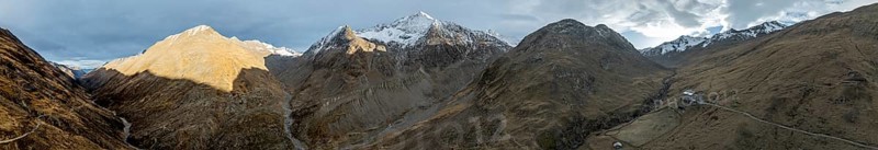 Panorama, Mountain landscape in the evening light, Mountain hut Martin-bush-Hütte, Niedertal in autumn, Aerial view, Vent, Ötztal Alps, Tyrol, Austria, Europe