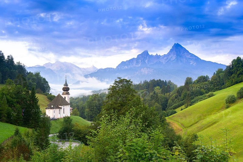 Maria Gern pilgrimage church, view of the Watzmann, in front of sunrise, Berchtesgarden Alps, Berchtesgaden, Berchtesgadener Land, Upper Bavaria, Bavaria, Germany, Europe