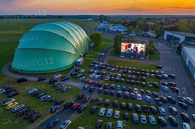 Drive-in cinema at Essen/Mülheim Airport Motor Movies, temporary film screening, at the WDL airship hangar, event in compliance with contact restrictions, effects of the corona crisis in Essen, Mülheim Germany