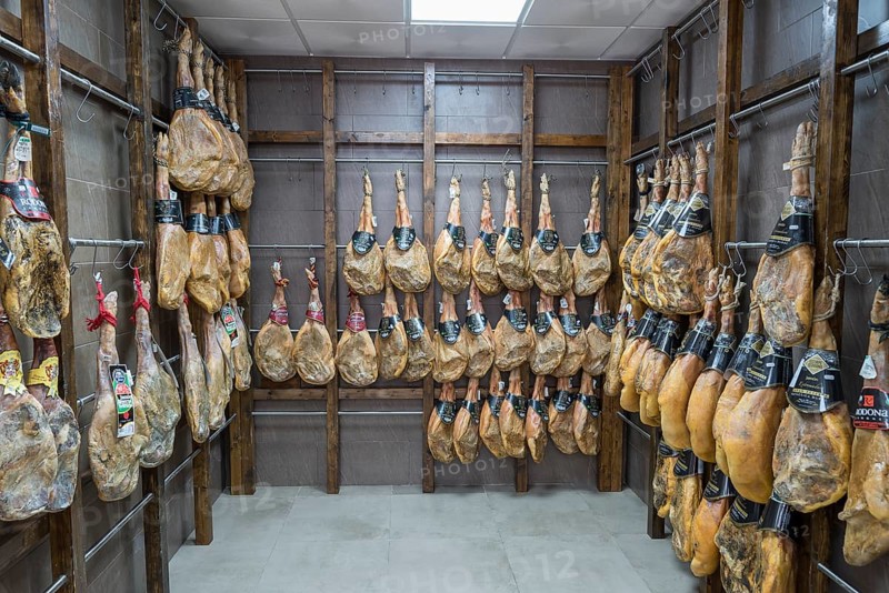 Jamon Iberico, Iberian ham in a shop in Guadix, Granada, Spain, Europe