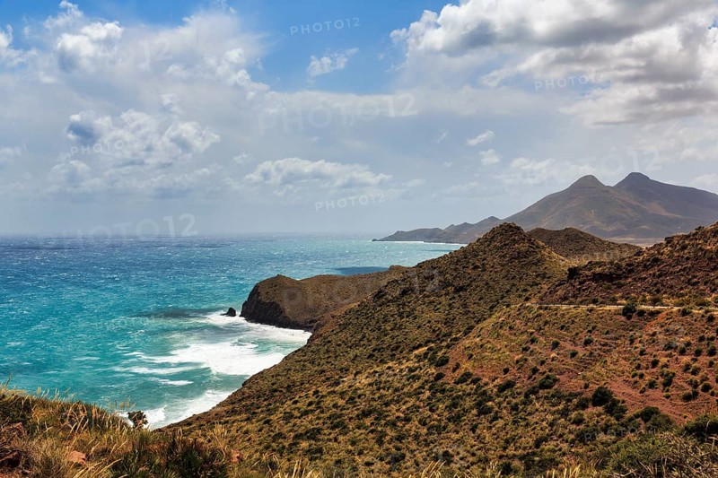 Mirador de La Amatista with views of the rocky coast and turquoise sea, coastline at La Isleta, Almeria, Cabo de Gata, Cabo de Gata-Nijar, Spain, Europe