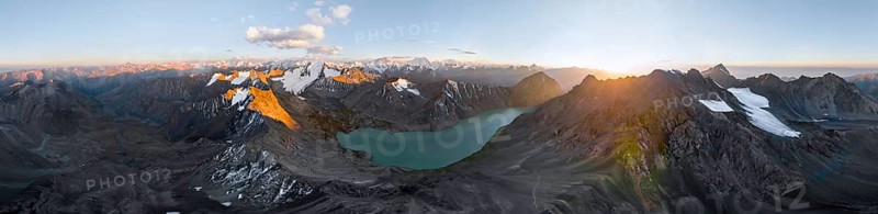 Evening mood, mountain panorama, aerial view, 4000 metre peak with glacier, mountain pass and mountain lake Ala-Kul Lake, Tien Shan, Kyrgyzstan, Asia