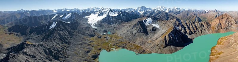 Mountain panorama, aerial view, 4000 metre peak with glacier, mountain pass and mountain lake Ala-Kul Lake, Tien Shan, Kyrgyzstan, Asia