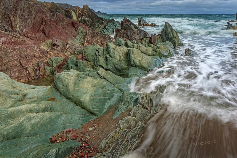 Colourful rocks, rock, coast, sea, waves, cloudy, Varanger Peninsula, Norway, Europe