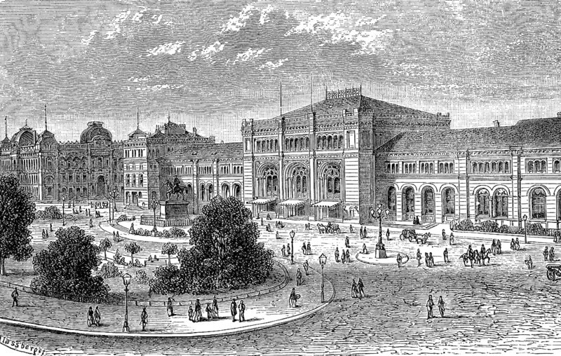 Railway station, imperial post office and telegraph building in Hanover, Lower Saxony, Germany, in 1880, Historical, digital reproduction of an original from the 19th century, Europe