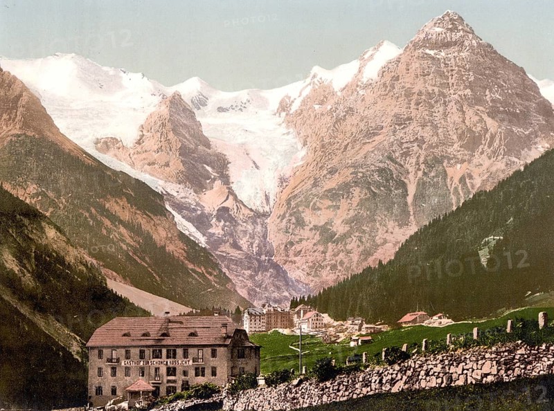 Hotel Trafoi, Hotel Bellevue, Beautiful View, at the foot of the Ortler in the Trafoi Valley, a side valley of the Suldental in the Ortler Alps, formerly Austria-Hungary, today South Tyrol, Italy, Historical, digitally restored reproduction from a 19th century original, Record date not stated, Europe