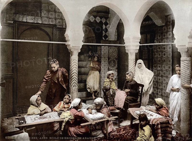 Arab Embroidery School, Algiers, Algeria, ca 1890, Historical, digitally restored reproduction from a 19th century original, Record date not stated, Africa