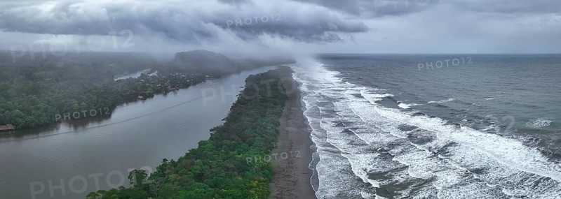 Aerial view, beach and sea, coast with rainforest, Tortuguero National Park, Costa Rica, Central America