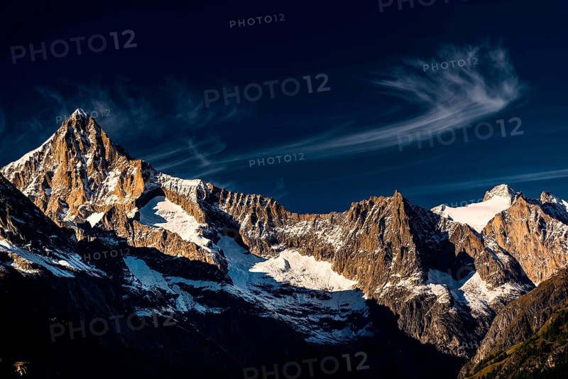 The Bietschhorn near Visperterminen, Swiss Alps, mountain, church, church tower, village, mountain landscape, alpine, idyll, hiking, climate, outdoor, tourism, travel, landscape, nature, snow, climate change, cloud, blue sky, Valais, Switzerland, Europe
