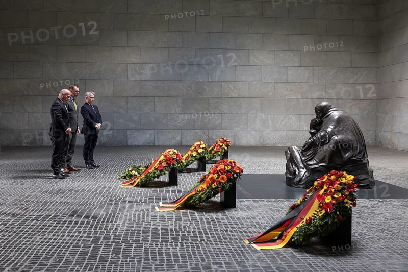 Kai Wegner (CDU, Governing Mayor of Berlin), Oleksii Makeiev (Ambassador of Ukraine) and Konrad Arz von Straussenburg (German diplomat) at the silent commemoration of the 80th anniversary of the end of the Second World War in the Neue Wache, the Federal Republic of Germany's central memorial to the victims of war and tyranny, Berlin, 8 May 2025
