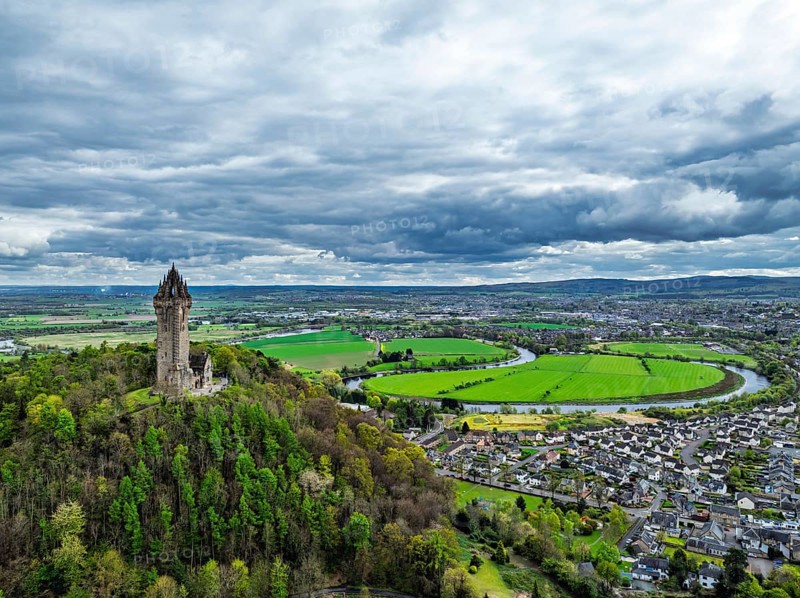 The National Wallace Monument or William Wallance Monument from a drone, Stirling, Scotland, England, United Kingdom, Europe