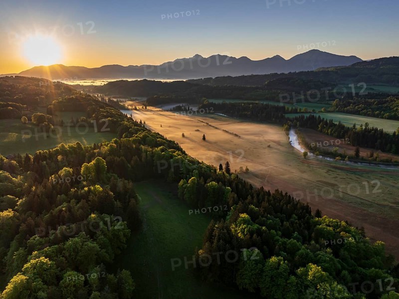Aerial view, trees, forest, meadow, light green leaves, morning light, fog, mountains, sunny, backlight, sun, spring, near Murnau, foothills of the Alps, Bavaria, Germany, Europe