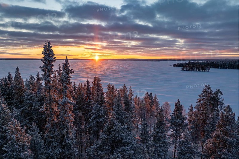 Winter landscape with frozen lake, Posio, Lapland, Finland, Europe
