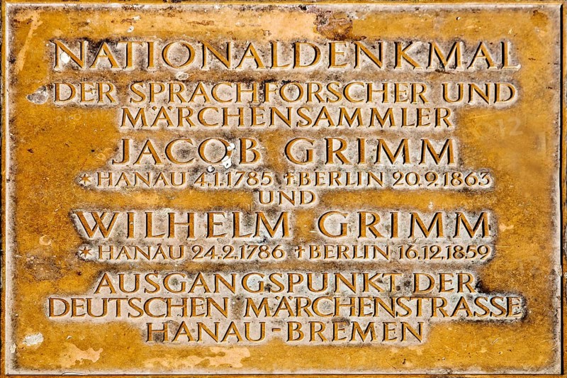 Information panel at the Brothers Grimm National Monument, starting point of the German Fairy Tale Route, Hanau, Hesse, Germany, Europe